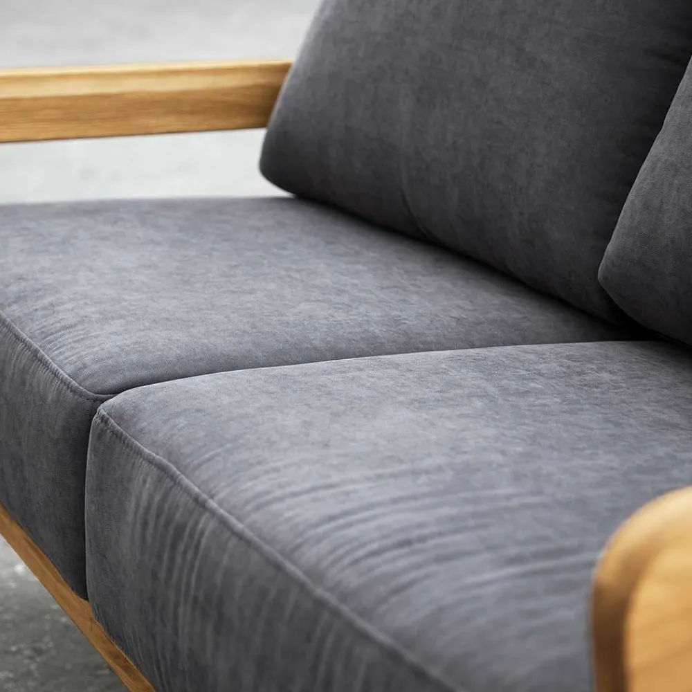 Wohnen Retro Möbel|Sofas*Hellgraues Stoff Sofa mit Wildeiche Gestell - Hardus