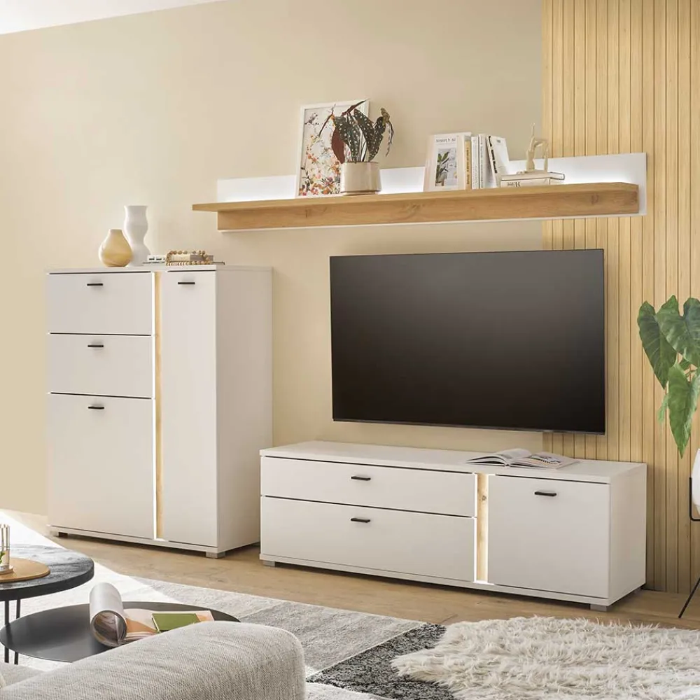 Wohnen Weiße Möbel|Wohnzimmerschränke*Highboard & TV Lowboard & Wandboard Set - Racelyn (dreiteilig)