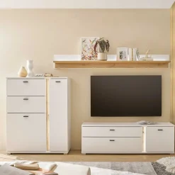 Wohnen Weiße Möbel|Wohnzimmerschränke*Highboard & TV Lowboard & Wandboard Set - Racelyn (dreiteilig)