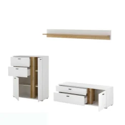 Wohnen Weiße Möbel|Wohnzimmerschränke*Highboard & TV Lowboard & Wandboard Set - Racelyn (dreiteilig)