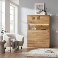 Wohnen Sideboards & Kommoden|Sideboards & Kommoden*Highboard mit Glaseinsatz aus Wildeiche massiv - Millena