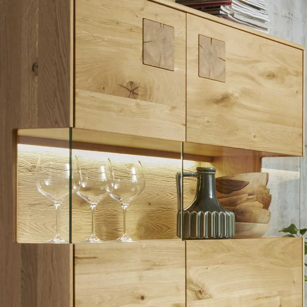 Wohnen Sideboards & Kommoden|Sideboards & Kommoden*Highboard mit Glaseinsatz aus Wildeiche massiv - Millena