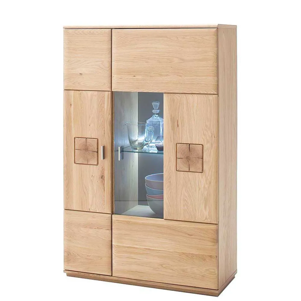 Wohnen Highboard 2-türig mit Glas-Einsatz Pontros in Eiche Bianco teilmassiv
