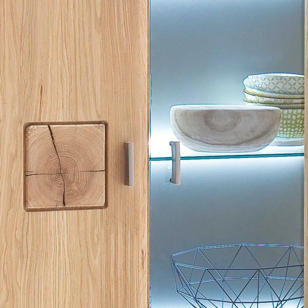 Wohnen Highboard 2-türig mit Glas-Einsatz Pontros in Eiche Bianco teilmassiv