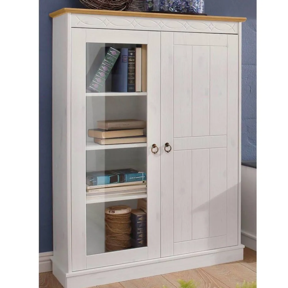 Wohnen Landhausmöbel|Vitrinen*Highboard Vitrine in Weiß und Kiefer Honig - Zentra