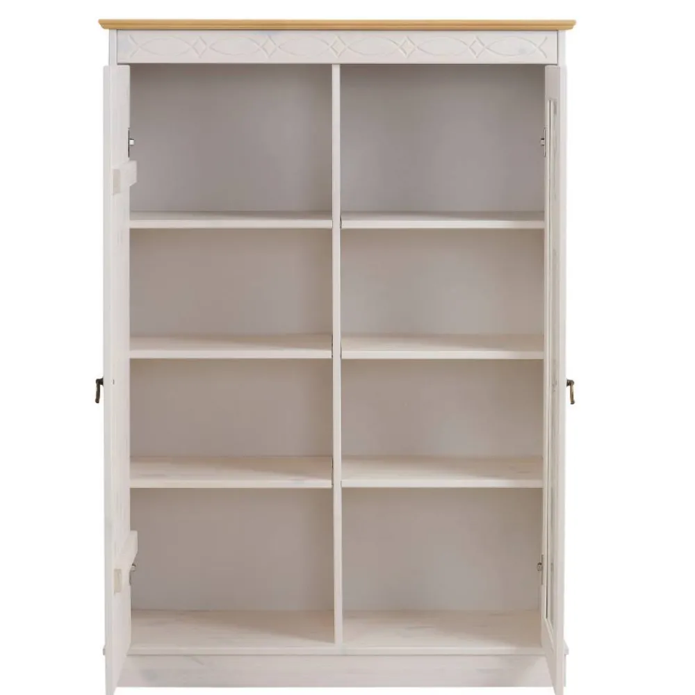 Wohnen Landhausmöbel|Vitrinen*Highboard Vitrine in Weiß und Kiefer Honig - Zentra