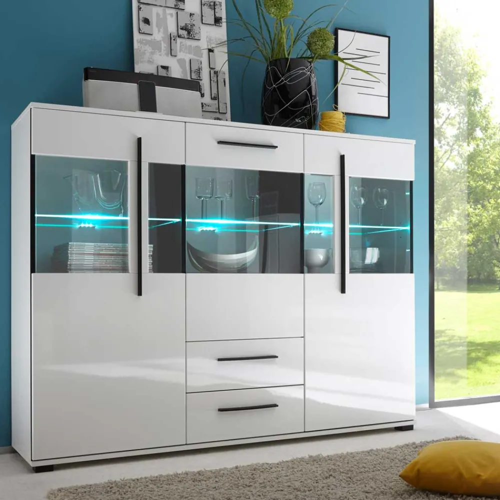 Wohnen Highboards|Esszimmerschränke*Highboard Vitrine Jetongos in Weiß Hochglanz Glas