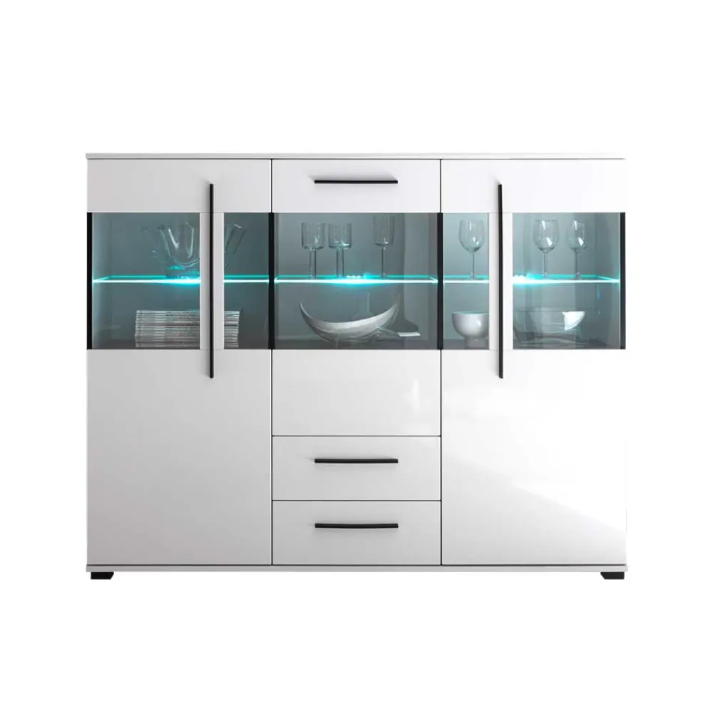 Wohnen Highboards|Esszimmerschränke*Highboard Vitrine Jetongos in Weiß Hochglanz Glas