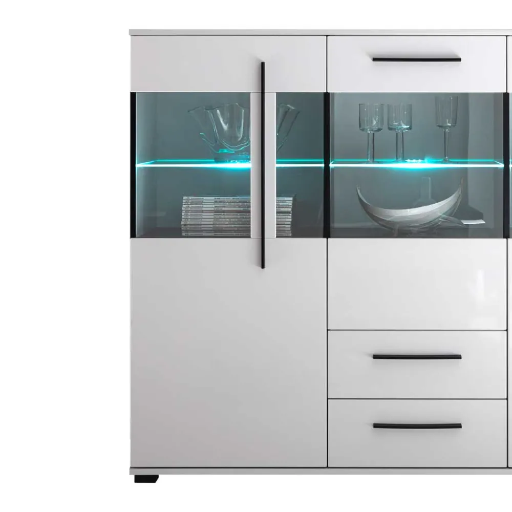 Wohnen Highboards|Esszimmerschränke*Highboard Vitrine Jetongos in Weiß Hochglanz Glas