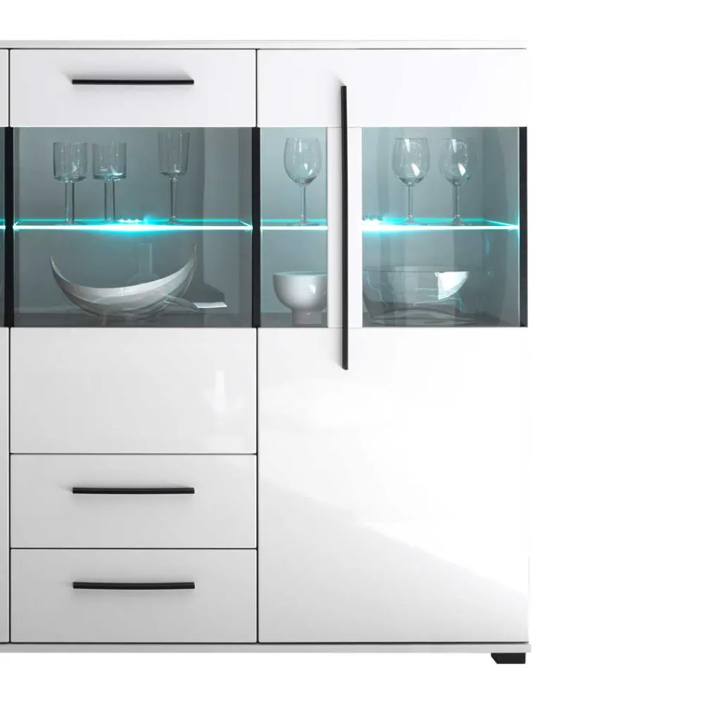 Wohnen Highboards|Esszimmerschränke*Highboard Vitrine Jetongos in Weiß Hochglanz Glas