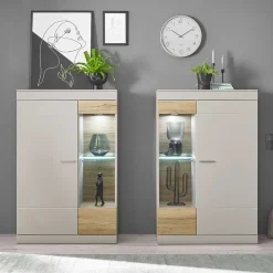 Wohnen Wohnzimmer Komplett*Highboard Vitrinen Set in Hellgrau - Lioscas (zweiteilig)