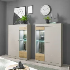 Wohnen Wohnzimmer Komplett*Highboard Vitrinen Set in Hellgrau - Lioscas (zweiteilig)