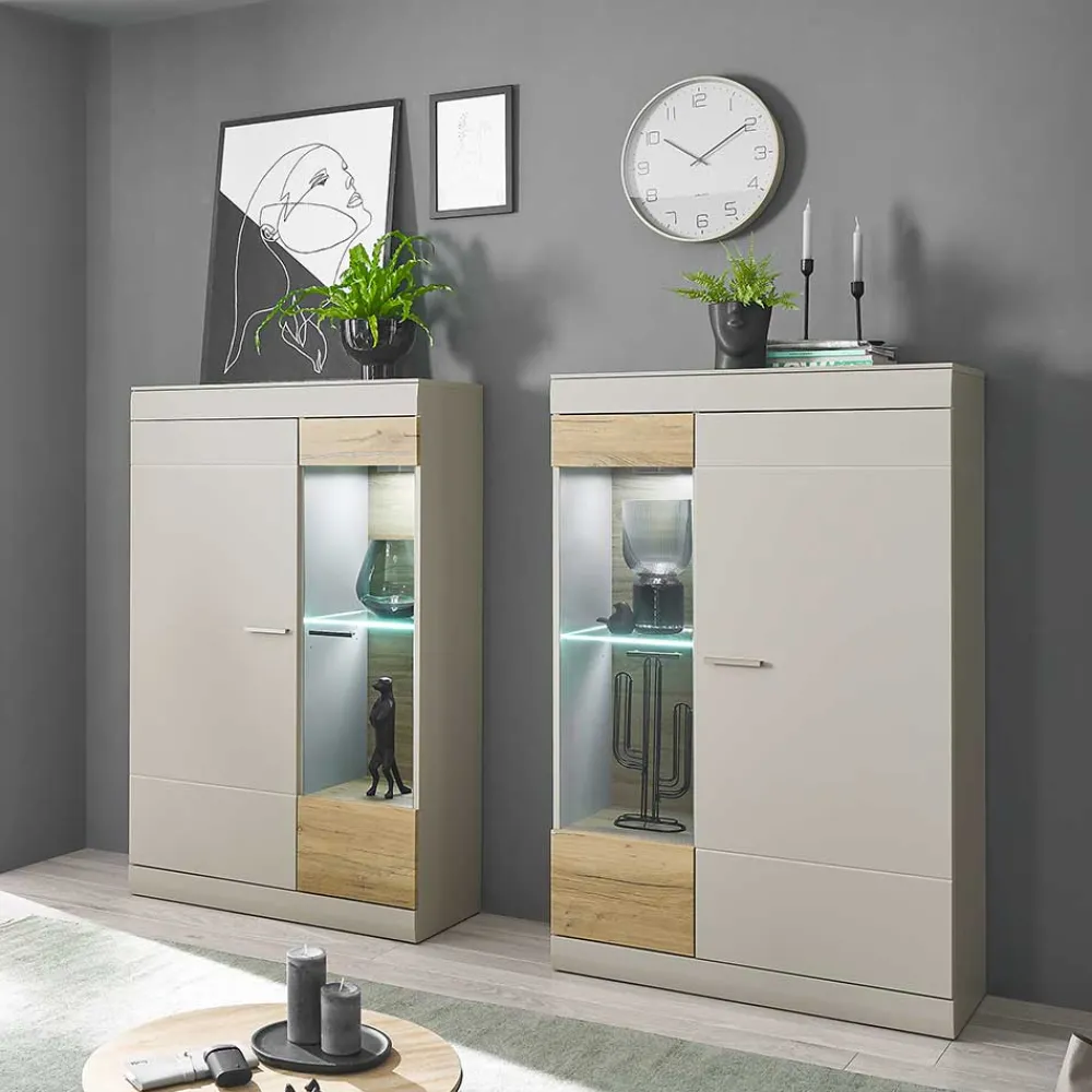 Wohnen Wohnzimmer Komplett*Highboard Vitrinen Set in Hellgrau - Lioscas (zweiteilig)