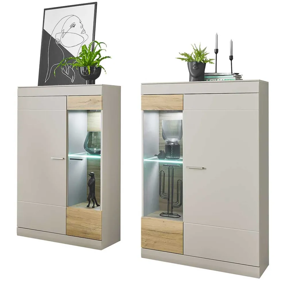 Wohnen Wohnzimmer Komplett*Highboard Vitrinen Set in Hellgrau - Lioscas (zweiteilig)