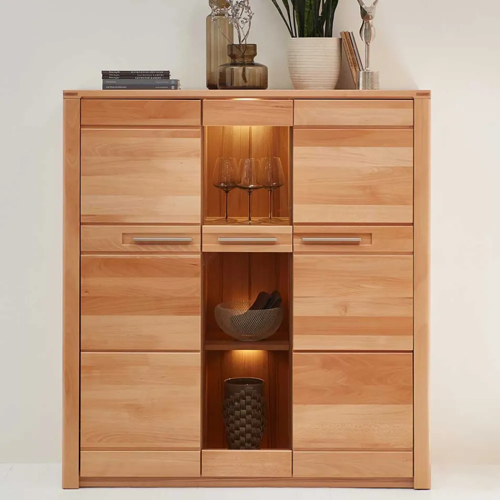 Wohnen Highboard Vitrinenschrank aus Kernbuche massiv - Amyonta