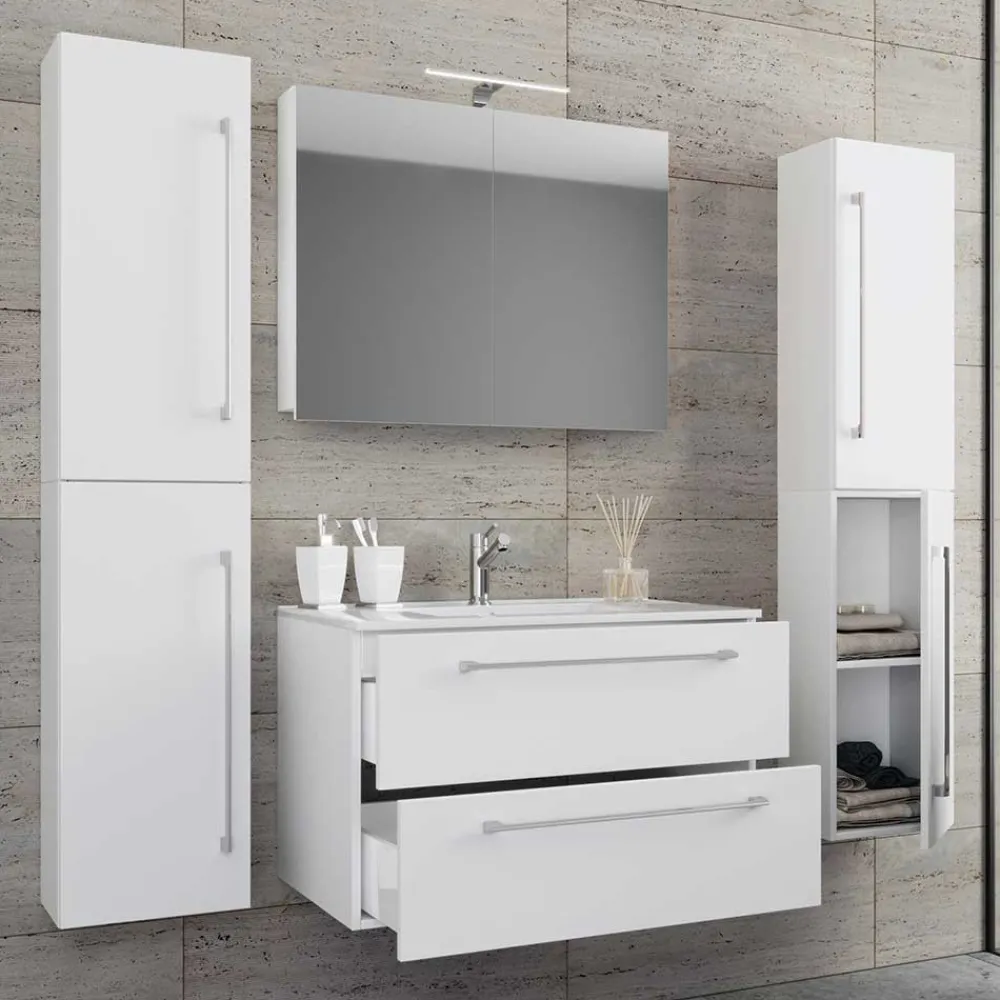 Wohnen Badezimmer Komplett*Hängende Badmöbel in Weiß als Set - Ipsum (vierteilig)