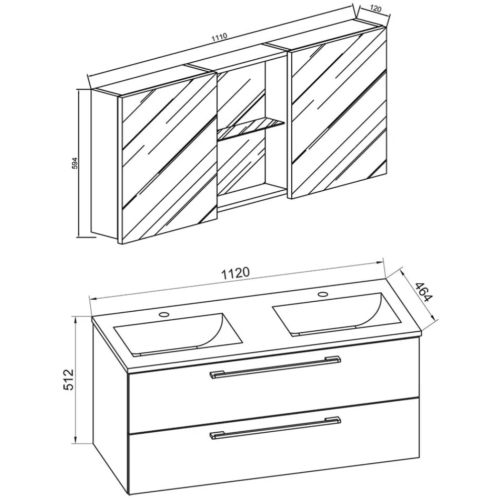 Wohnen Glasmöbel|Badezimmer Komplett*Hängender Doppel-Waschplatz Set - Vinkoja (zweiteilig)