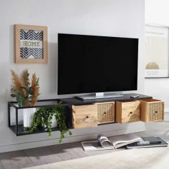 Wohnen Hängendes TV Board aus Holz & Wiener Geflecht - Leiria