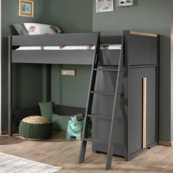 Kinder Wohnen Hochbett mit Schrank in Anthrazit - Waltma (zweiteilig)
