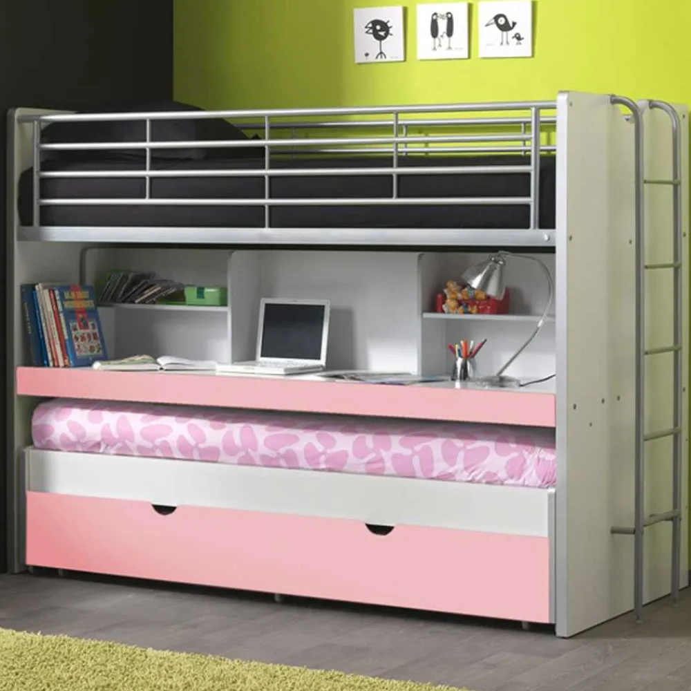 Wohnen Kinderbetten*Hochbett Trio in Weiß-Rosa