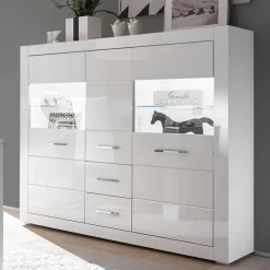 Wohnen Esszimmerschränke|Highboards*Hochglanz Highboard in Weiß mit Glas Yulis 3-türig