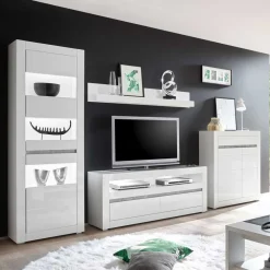 Wohnen Hochglanz TV Anbauwand in Weiß Mextra mit Beton Dekor (vierteilig)