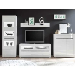 Wohnen Hochglanz TV Anbauwand in Weiß Mextra mit Beton Dekor (vierteilig)