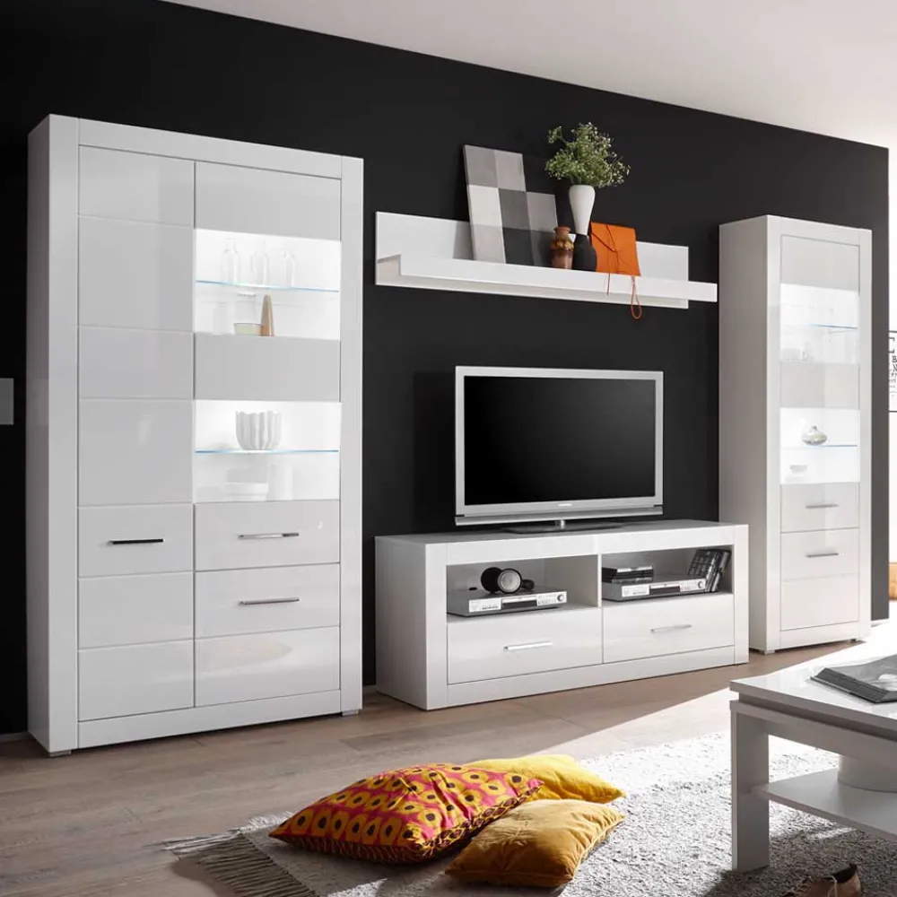 Wohnen Hochglanz TV Anbauwand in Weiß Yulis optional mit LED (vierteilig)