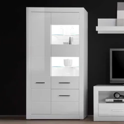 Wohnen Hochglanz Vitrinenschrank in Weiß & Glas Yulis 3-türig