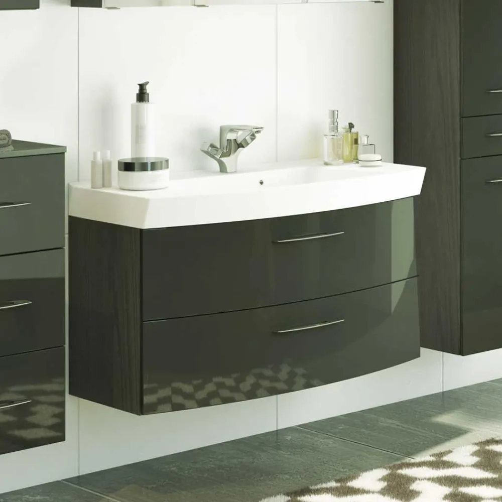 Wohnen Waschtisch|Waschbeckenunterschränke*Hochglanz Waschplatz in Dunkelgrau mit Schubladen Mladen inkl. Becken