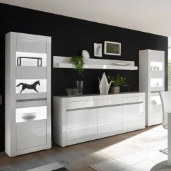 Wohnen Hochglanz Wohnkombination in Weiß Mextra mit Beton Dekor & Glas (vierteilig)