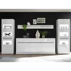 Wohnen Hochglanz Wohnkombination in Weiß Mextra mit Beton Dekor & Glas (vierteilig)