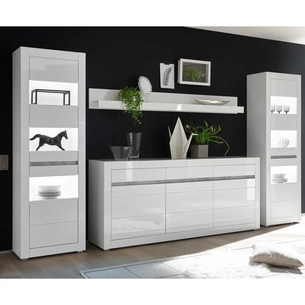 Wohnen Hochglanz Wohnkombination in Weiß Mextra mit Beton Dekor & Glas (vierteilig)