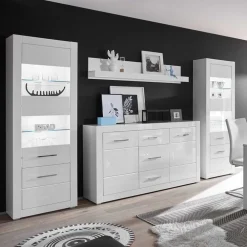 Wohnen Hochglanz Wohnwand in Weiß Yulis mit Metallgriffen Chrom (vierteilig)