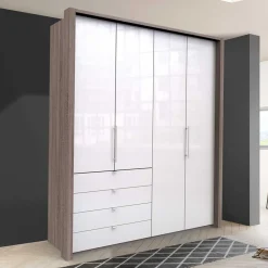 Wohnen Kleiderschränke|Kleiderschränke*Hoher Kleiderschrank in Weiß Glas & Eiche Dunkel - Empresian