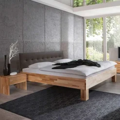 Wohnen Naturholzmöbel|Braune Möbel*Holzbett massiv Wins mit Polster-Kopfteil Kunstleder Dunkelbraun