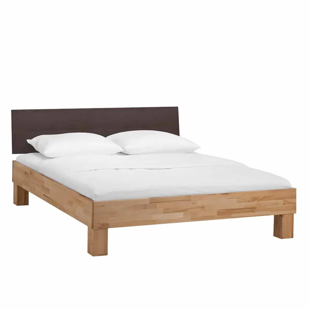Wohnen Naturholzmöbel|Braune Möbel*Holzbett massiv Wins mit Polster-Kopfteil Kunstleder Dunkelbraun
