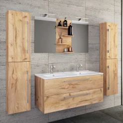 Wohnen Holzlook Bad mit Doppel-Waschtisch - Ursela (vierteilig)