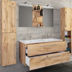 Wohnen Holzlook Bad mit Doppel-Waschtisch - Ursela (vierteilig)