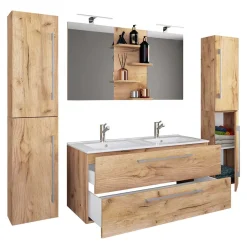 Wohnen Holzlook Bad mit Doppel-Waschtisch - Ursela (vierteilig)