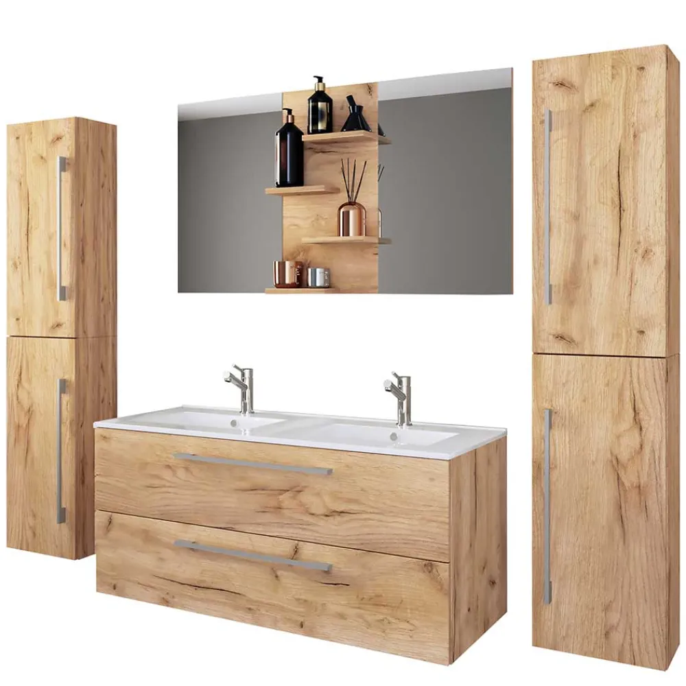 Wohnen Holzlook Bad mit Doppel-Waschtisch - Ursela (vierteilig)