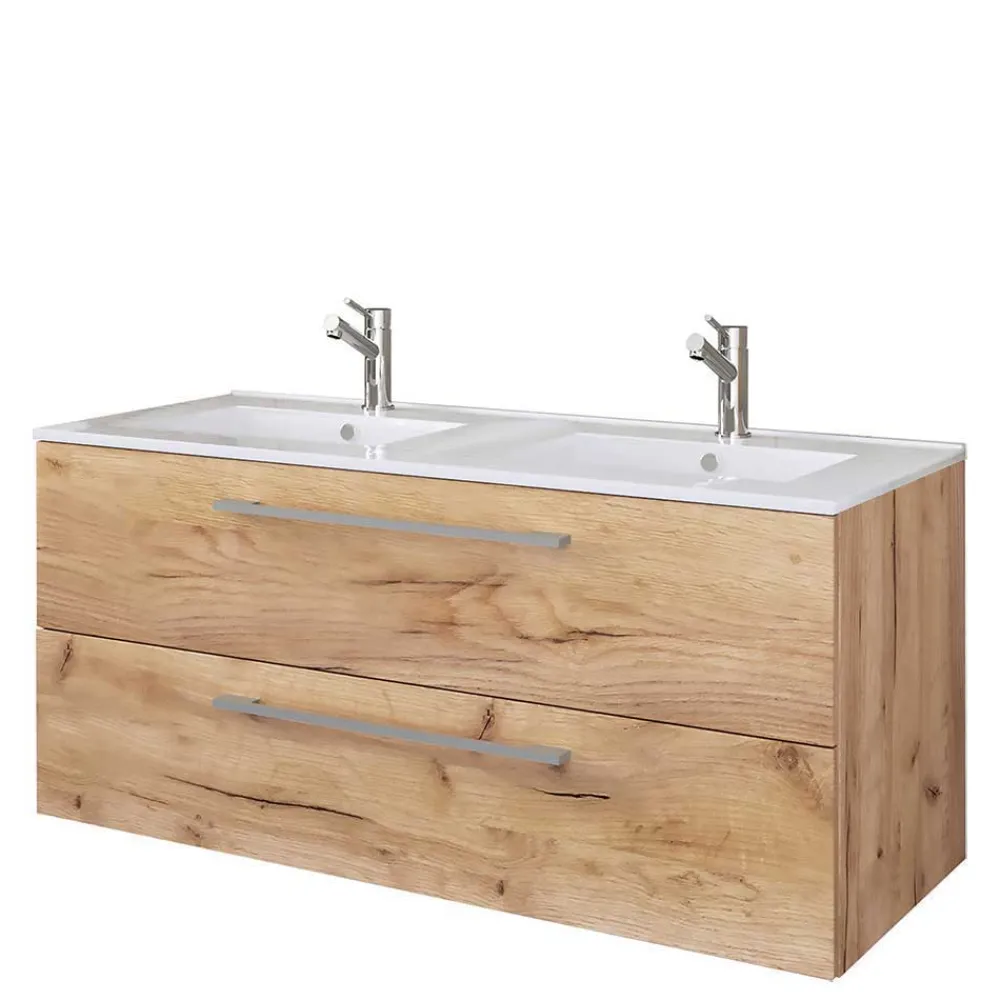 Wohnen Holzlook Bad mit Doppel-Waschtisch - Ursela (vierteilig)