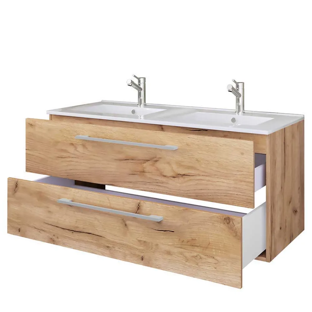 Wohnen Holzlook Bad mit Doppel-Waschtisch - Ursela (vierteilig)