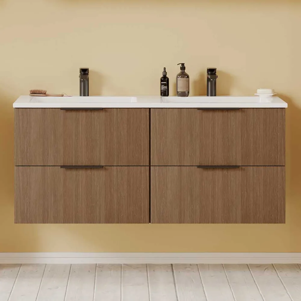 Wohnen Waschtisch|Waschbeckenunterschränke*Holzoptik Doppel-Waschtisch in Eiche Dunkel - Ucaida