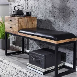 Wohnen Schuhschränke|Garderobenbänke*Industrial Flurbank mit Ledersitz in Schwarz - Mariono