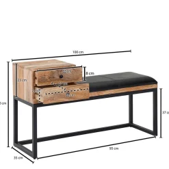 Wohnen Schuhschränke|Garderobenbänke*Industrial Flurbank mit Ledersitz in Schwarz - Mariono