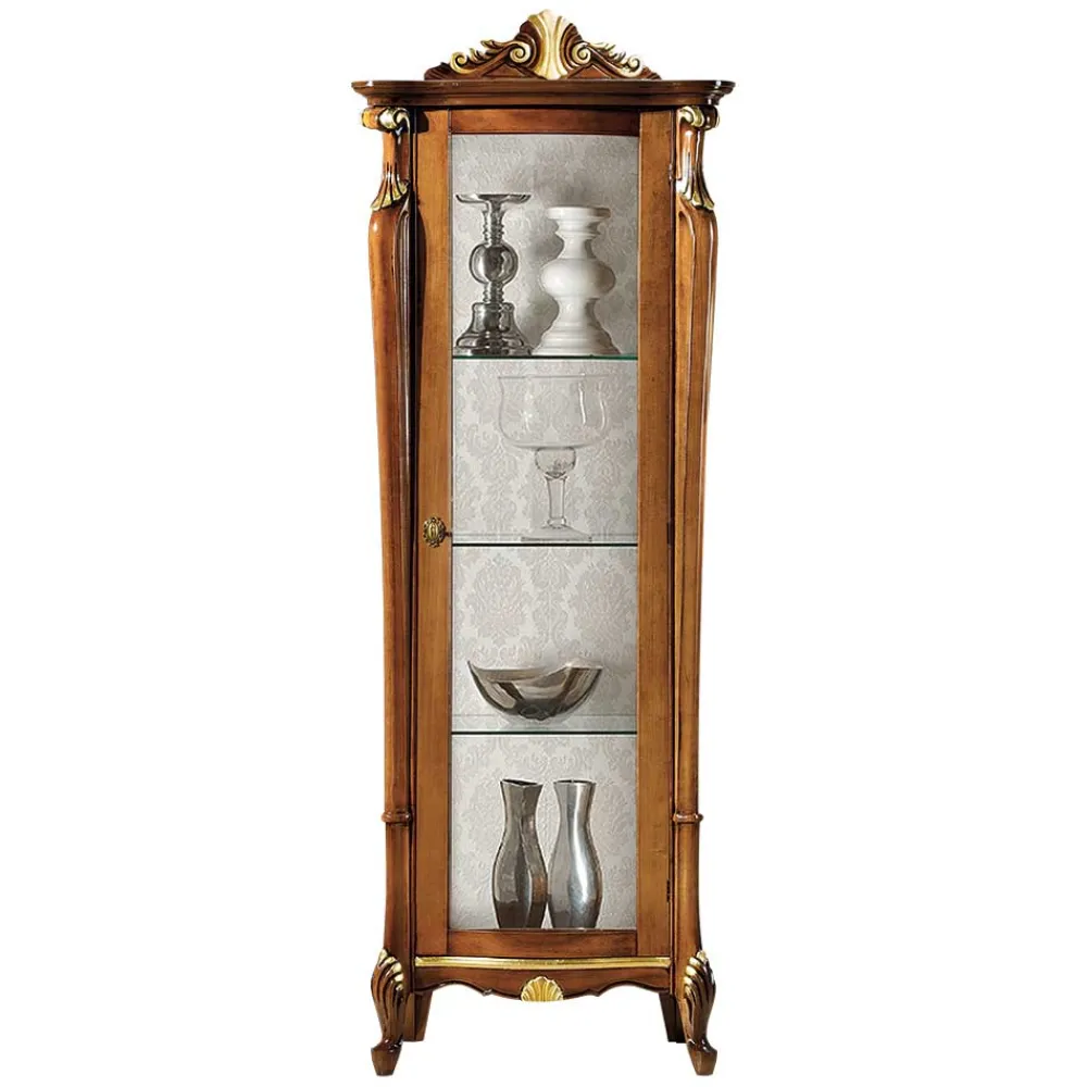 Wohnen Glasmöbel|Massivholzmöbel*Italienischer Vitrinenschrank in Nussbaum & Gold - Carlenna