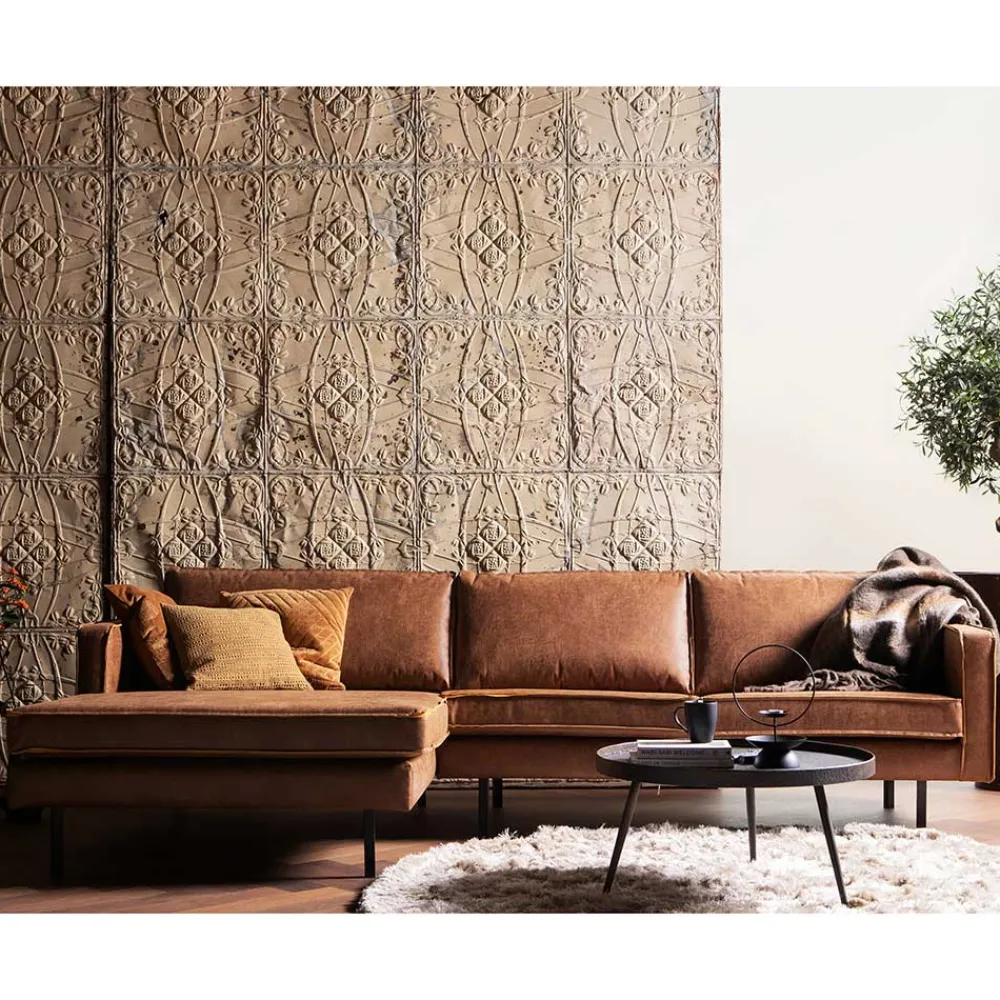 Wohnen Kantiges Echtleder Ecksofa in Cognac Braun - Artemi