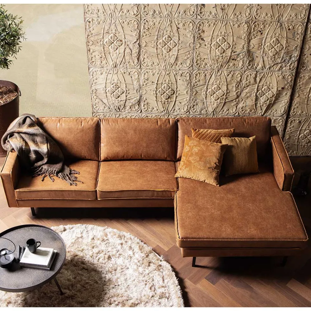 Wohnen Kantiges Echtleder Ecksofa in Cognac Braun - Artemi