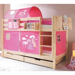 Wohnen Kindermöbel|Kinderbetten*Kiefer Natur Mädchen Stockbett mit Stoff-Set in Pink - Alasdair